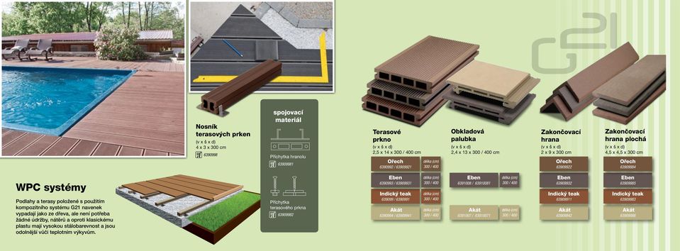 systémy Podlahy a terasy položené s použitím kompozitního systému G21 navenek vypadají jako ze dřeva, ale není potřeba žádné údržby, nátěrů a oproti klasickému plastu mají vysokou stálobarevnost a