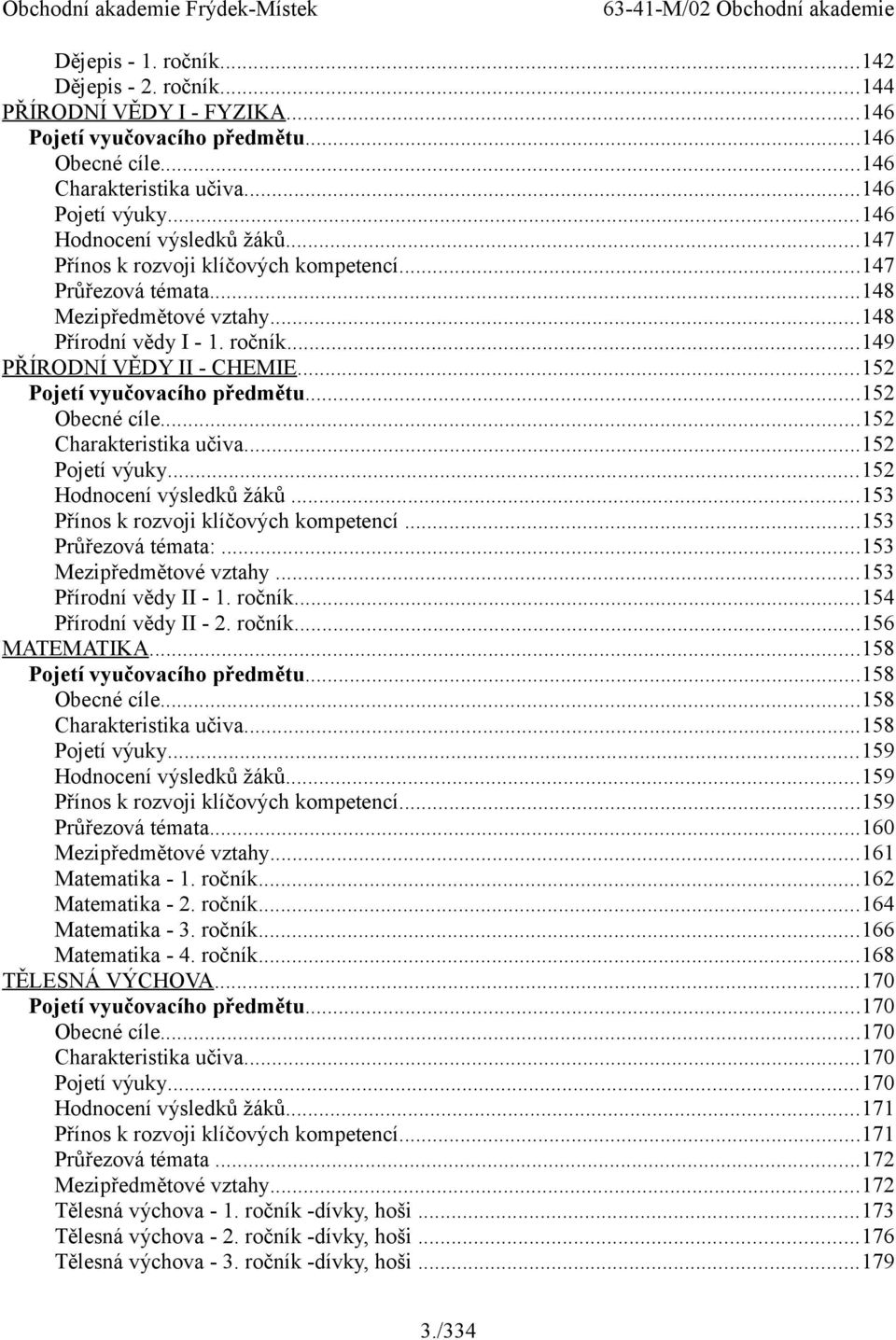 ..152 Pojetí vyučovacího předmětu...152 Obecné cíle...152 Charakteristika učiva...152 Pojetí výuky...152 Hodnocení výsledků žáků...153 Přínos k rozvoji klíčových kompetencí...153 Průřezová témata:.