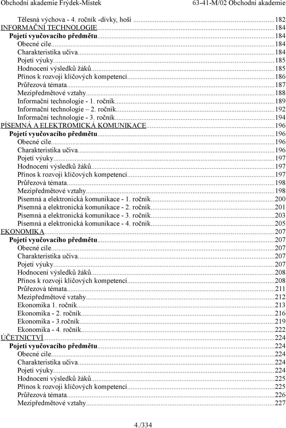 ročník...194 PÍSEMNÁ A ELEKTROMICKÁ KOMUNIKACE...196 Pojetí vyučovacího předmětu...196 Obecné cíle...196 Charakteristika učiva...196 Pojetí výuky...197 Hodnocení výsledků žáků.