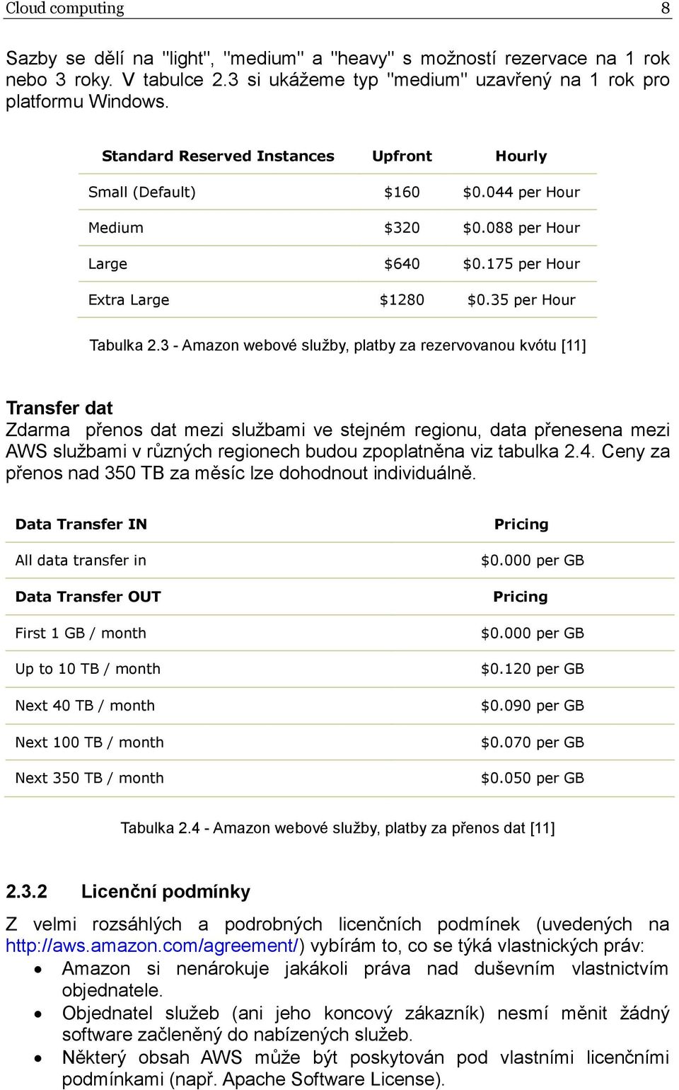 3 - Amazon webové služby, platby za rezervovanou kvótu [11] Transfer dat Zdarma přenos dat mezi službami ve stejném regionu, data přenesena mezi AWS službami v různých regionech budou zpoplatněna viz