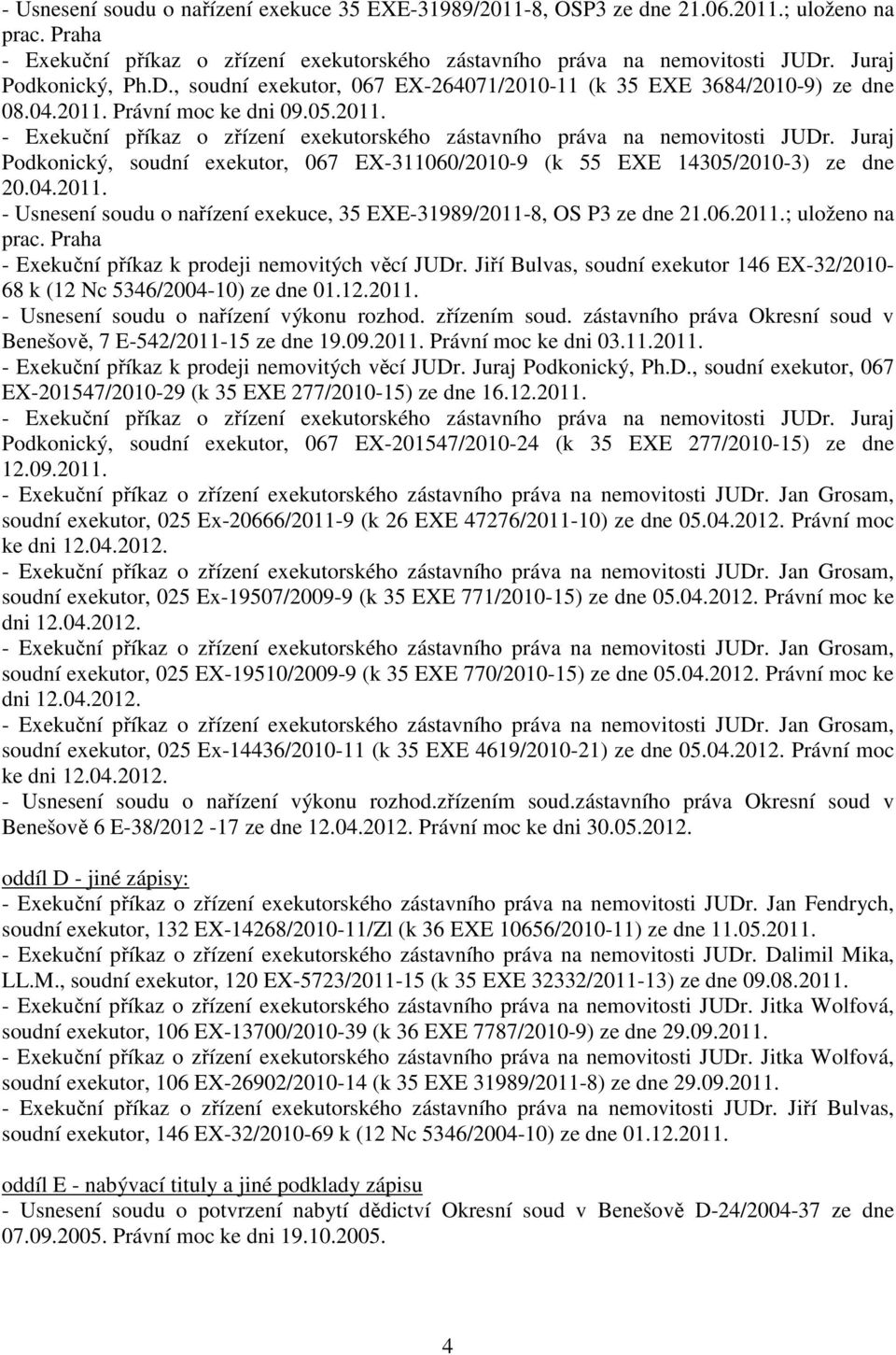 Juraj Podkonický, soudní exekutor, 067 EX-311060/2010-9 (k 55 EXE 14305/2010-3) ze dne 20.04.2011. - Usnesení soudu o nařízení exekuce, 35 EXE-31989/2011-8, OS P3 ze dne 21.06.2011.; uloženo na - Exekuční příkaz k prodeji nemovitých věcí JUDr.