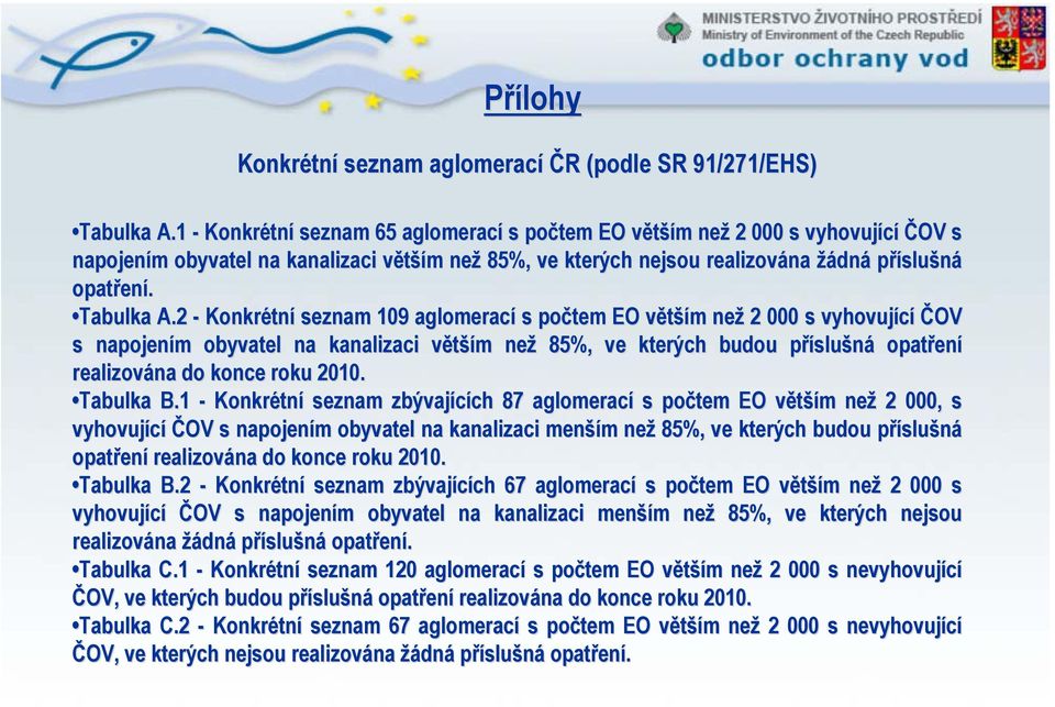 2 - Konkrétní seznam 109 aglomerací s počtem EO větším než 2 000 s vyhovující ČOV s napojením obyvatel na kanalizaci větším než 85%, ve kterých budou příslušná opatření realizována do konce roku 2010.