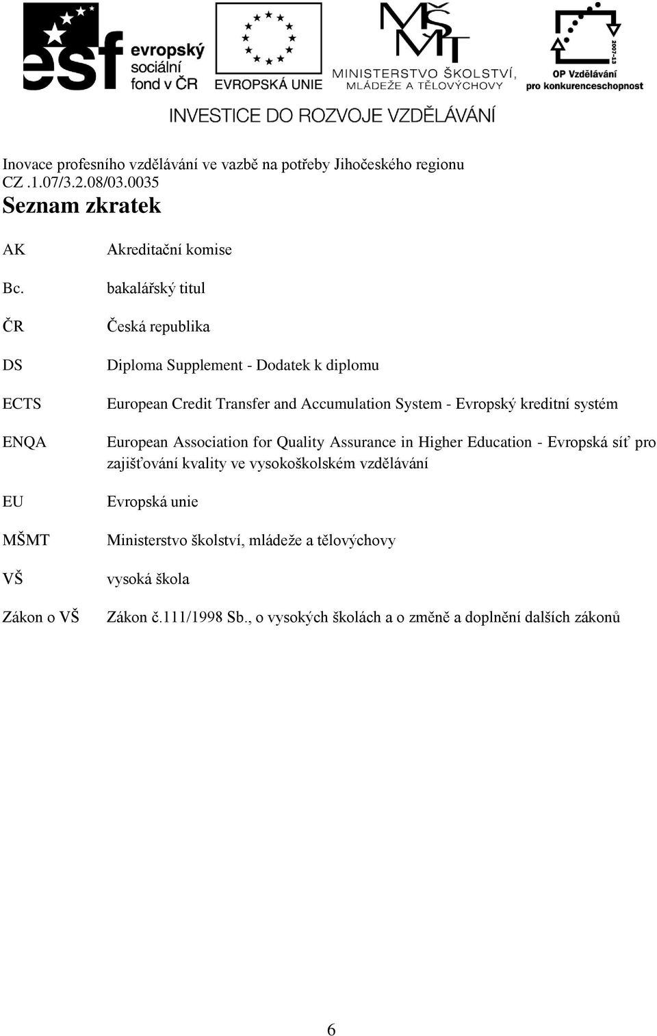 diplomu European Credit Transfer and Accumulation System - Evropský kreditní systém European Association for Quality Assurance