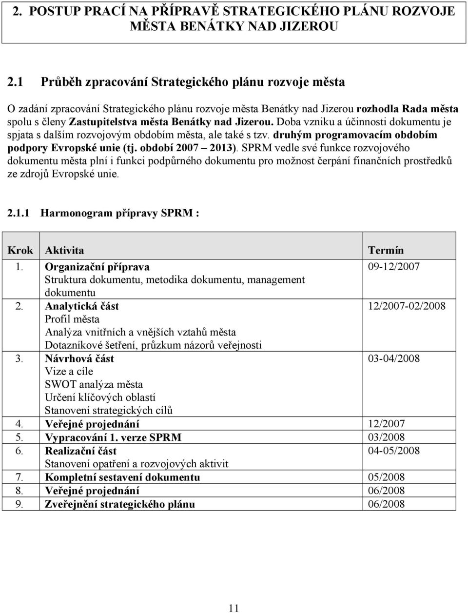 Jizerou. Doba vzniku a účinnosti dokumentu je spjata s dalším rozvojovým obdobím města, ale také s tzv. druhým programovacím obdobím podpory Evropské unie (tj. období 2007 2013).