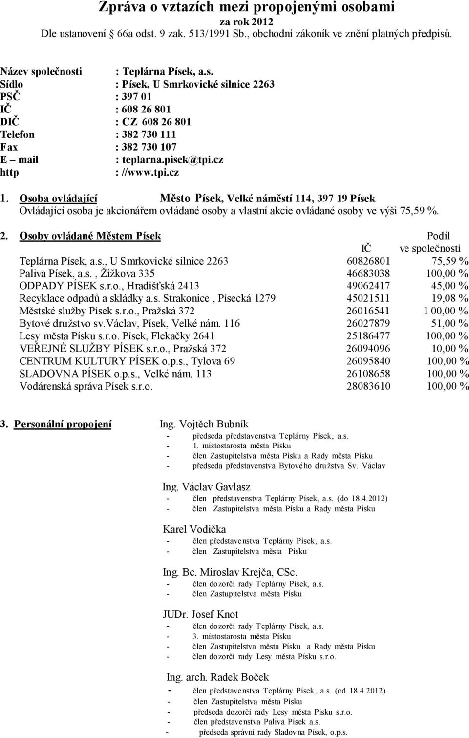 Osoby ovládané Městem Písek Podíl IČ ve společnosti Teplárna Písek, a.s., U Smrkovické silnice 2263 60826801 75,59 % Paliva Písek, a.s., Žižkova 335 46683038 100,00 % ODPADY PÍSEK s.r.o., Hradišťská 2413 49062417 45,00 % Recyklace odpadů a skládky a.