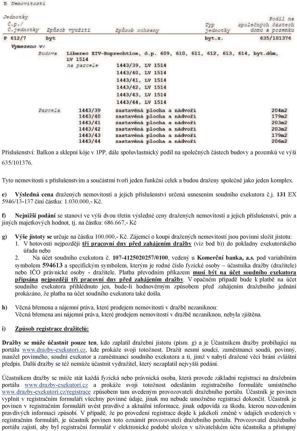 e) Výsledná cena dražených nemovitostí a jejich p íslušenství ur ená usnesením soudního exekutora.j. 131 EX 5946/13-137 iní ástku: 1.030.000,- K.