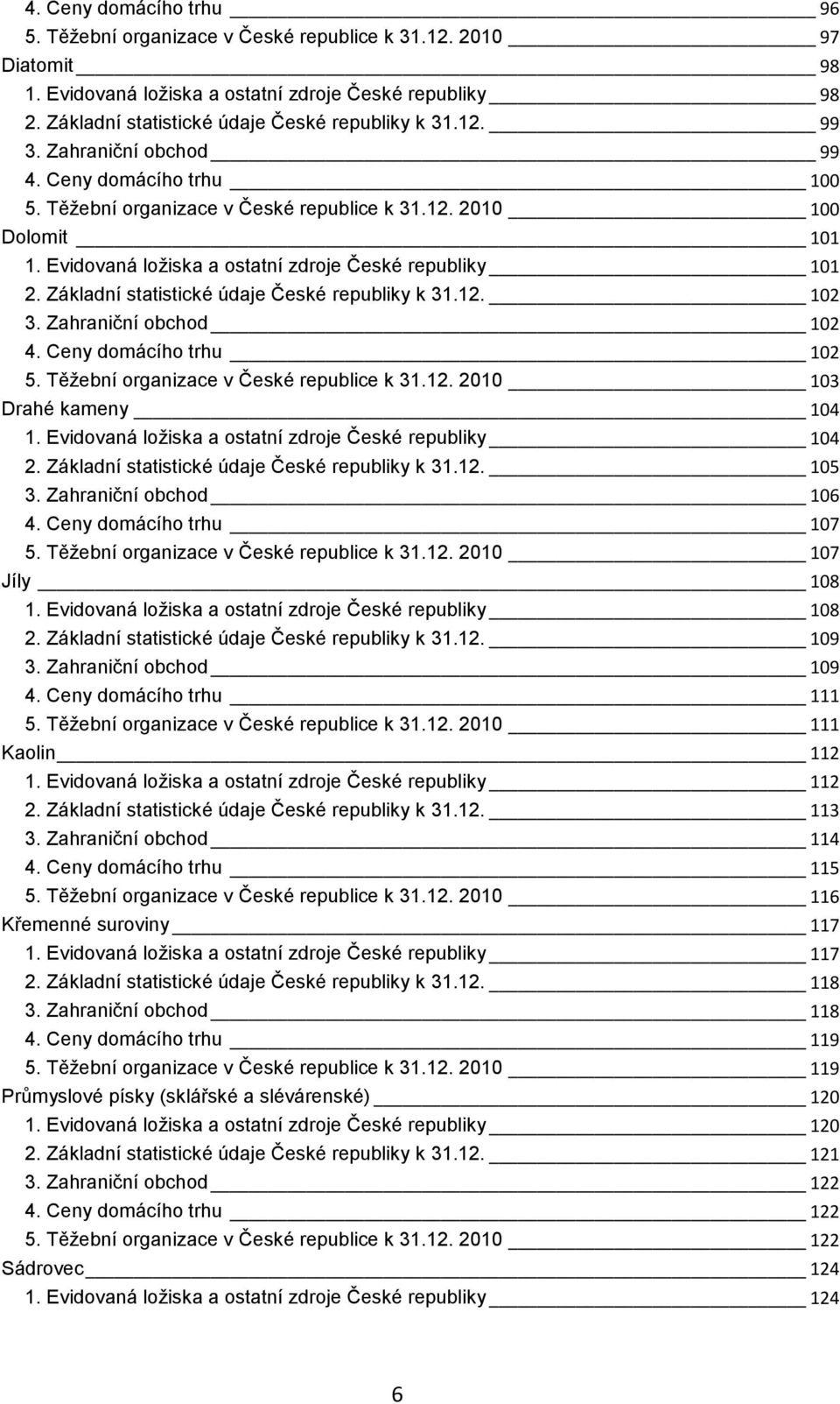 Evidovaná loţiska a ostatní zdroje České republiky 101 2. Základní statistické údaje České republiky k 31.12. 102 3. Zahraniční obchod 102 4. Ceny domácího trhu 102 5.