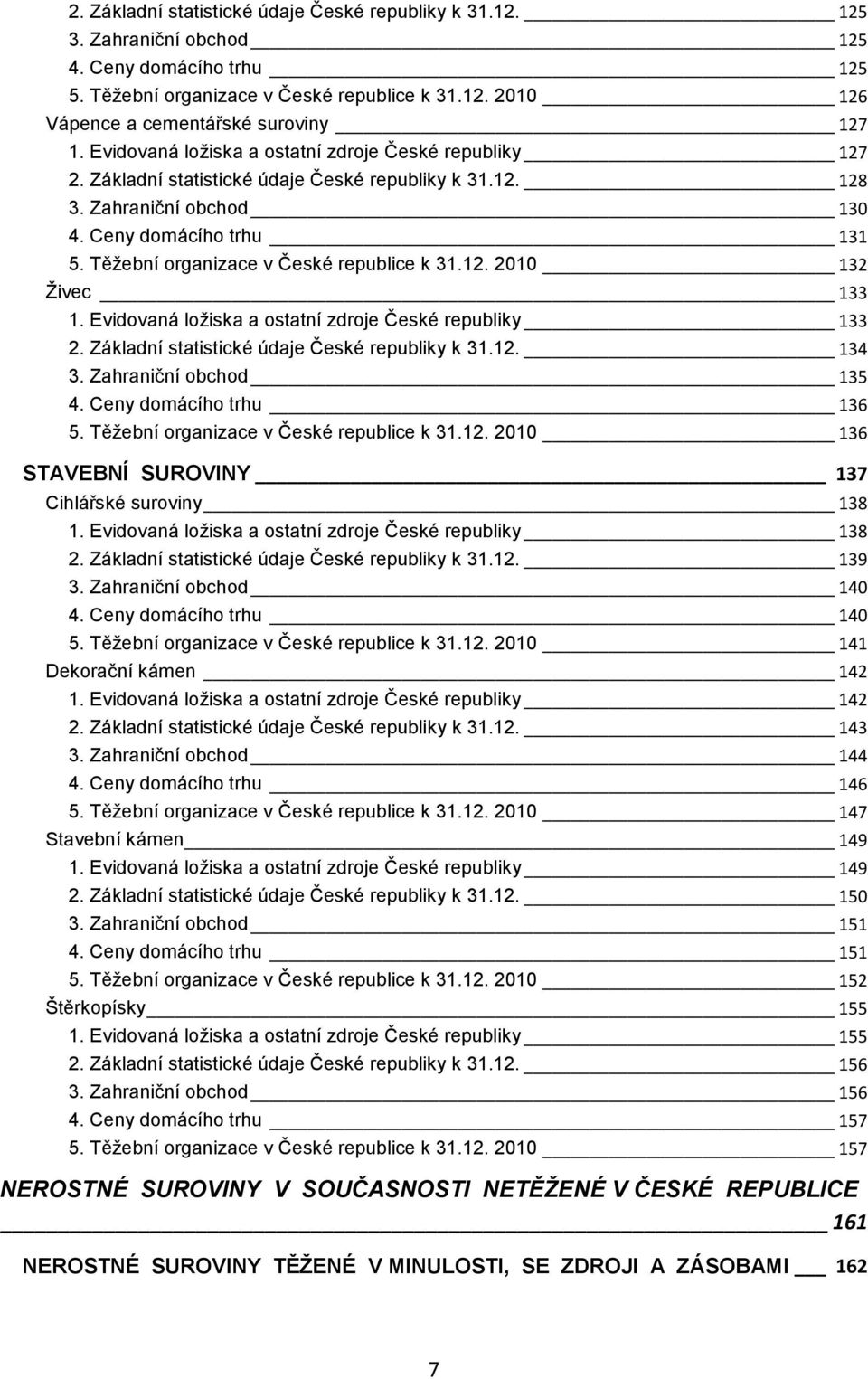 Těţební organizace v České republice k 31.12. 2010 132 Ţivec 133 1. Evidovaná loţiska a ostatní zdroje České republiky 133 2. Základní statistické údaje České republiky k 31.12. 134 3.