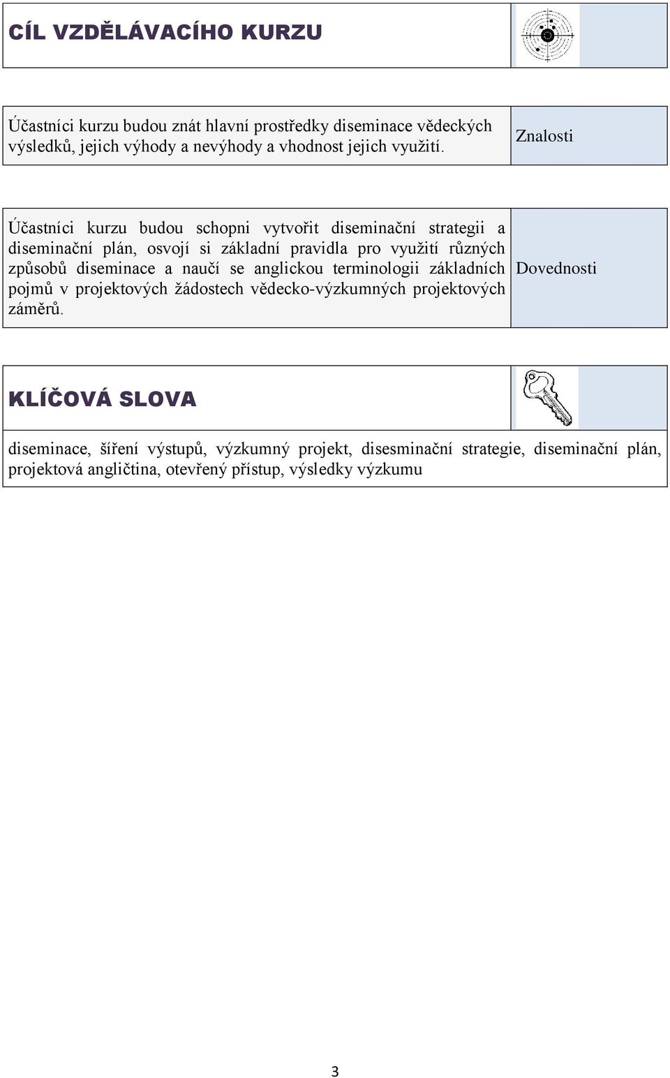 Znalosti Účastníci kurzu budou schopni vytvořit diseminační strategii a diseminační plán, osvojí si základní pravidla pro využití různých způsobů