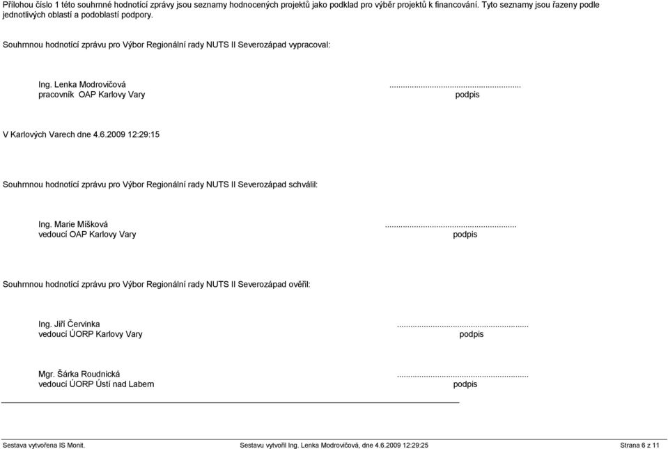 .. pracovník OAP Karlovy Vary podpis V Karlových Varech dne 4.6.2009 12:29:15 Souhrnnou hodnotící zprávu pro Výbor Regionální rady NUTS II Severozápad schválil: Ing. Marie Míšková.