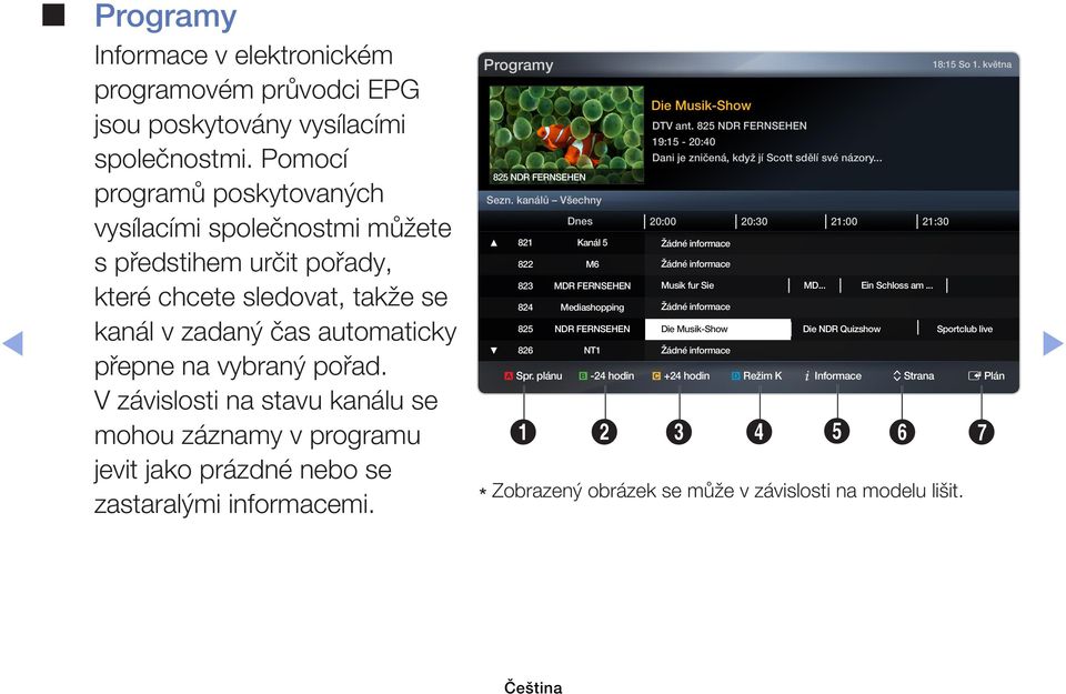 V závislosti na stavu kanálu se mohou záznamy v programu jevit jako prázdné nebo se zastaralými informacemi. Programy 825 NDR FERNSEHEN Sezn.