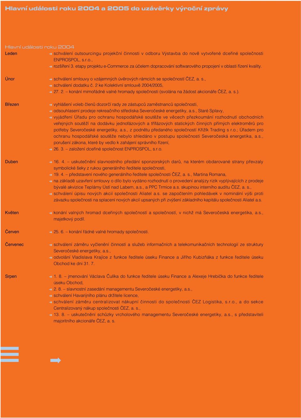 Únor schválení smlouvy o vzájemných úvěrových rámcích se společností ČEZ, a. s., schválení dodatku č. 2 ke Kolektivní smlouvě 2004/2005, 27. 2. konání mimořádné valné hromady společnosti (svolána na žádost akcionáře ČEZ, a.