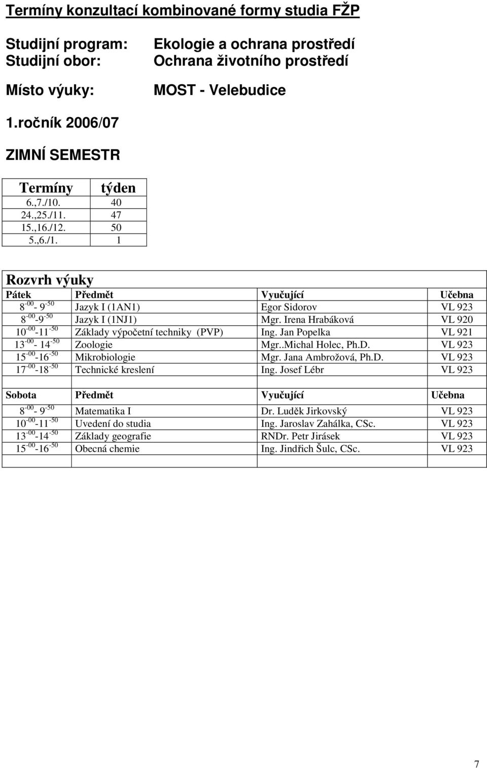 Irena Hrabáková VL 920 10-00 -11-50 Základy výpočetní techniky (PVP) Ing. Jan Popelka VL 921 13-00 - 14-50 Zoologie Mgr..Michal Holec, Ph.D. VL 923 15-00 -16-50 Mikrobiologie Mgr.