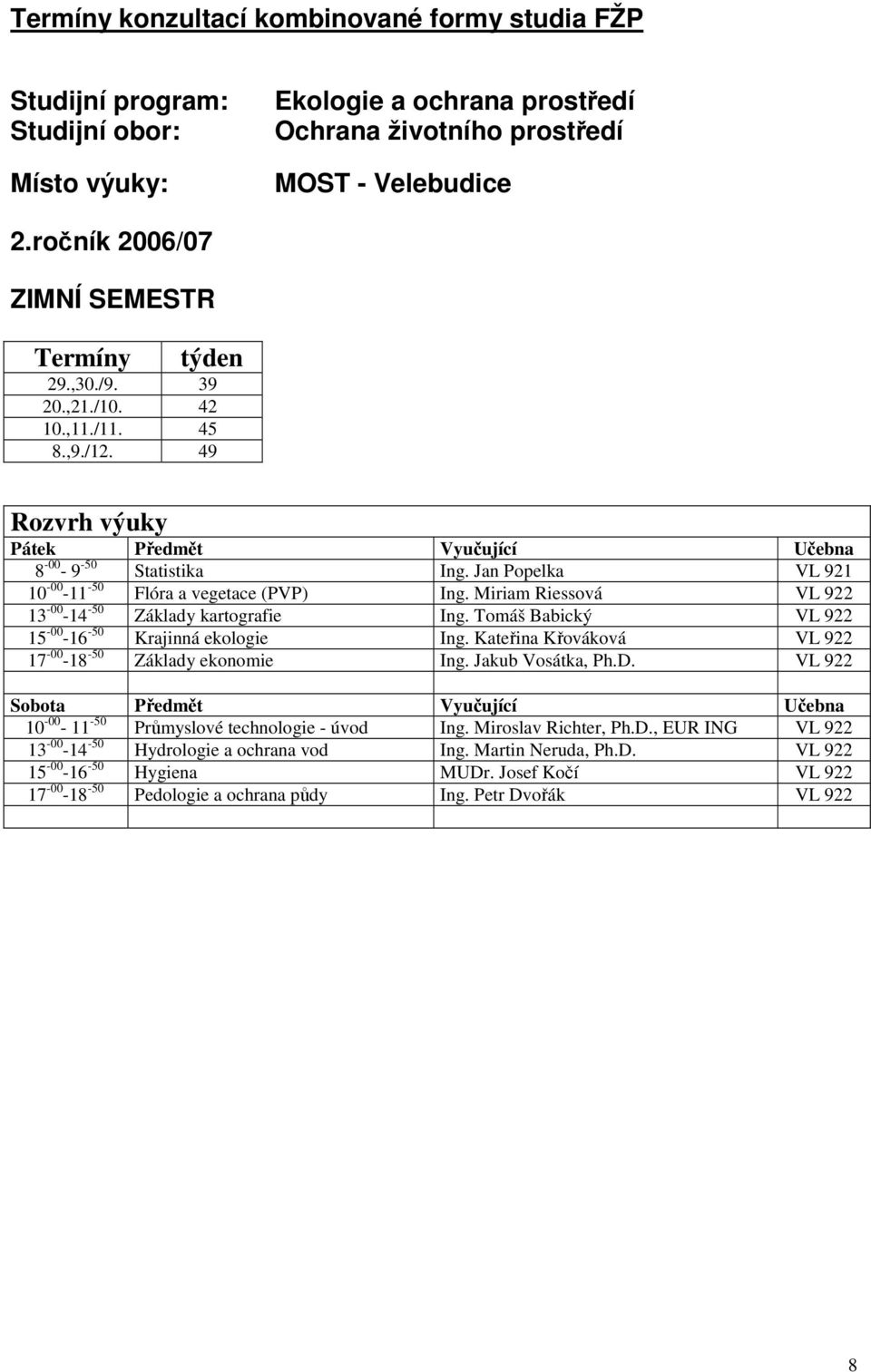 Tomáš Babický VL 922 15-00 -16-50 Krajinná ekologie Ing. Kateřina Křováková VL 922 17-00 -18-50 Základy ekonomie Ing. Jakub Vosátka, Ph.D.