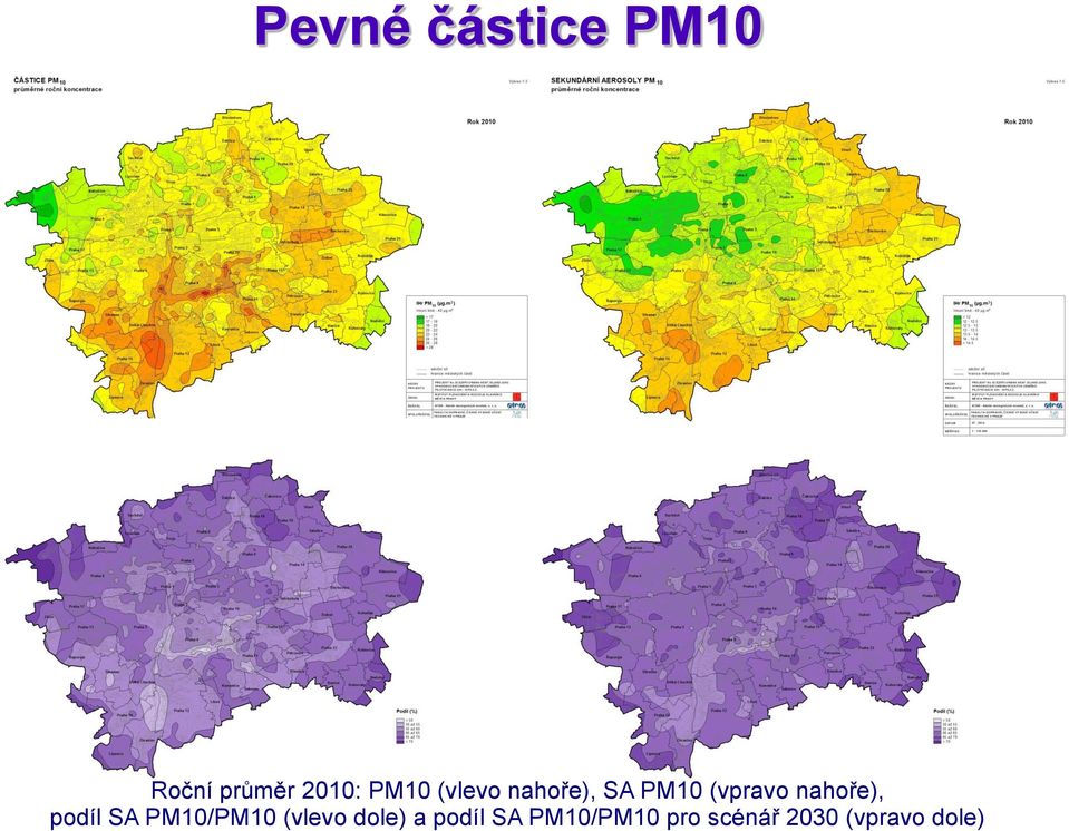 nahoře), podíl SA PM10/PM10 (vlevo dole)