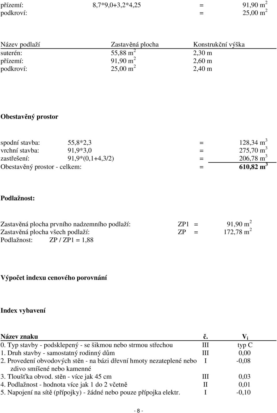 prvního nadzemního podlaží: ZP1 = 91,90 m 2 Zastavěná plocha všech podlaží: ZP = 172,78 m 2 Podlažnost: ZP / ZP1 = 1,88 Výpočet indexu cenového porovnání Index vybavení Název znaku č. V i 0.