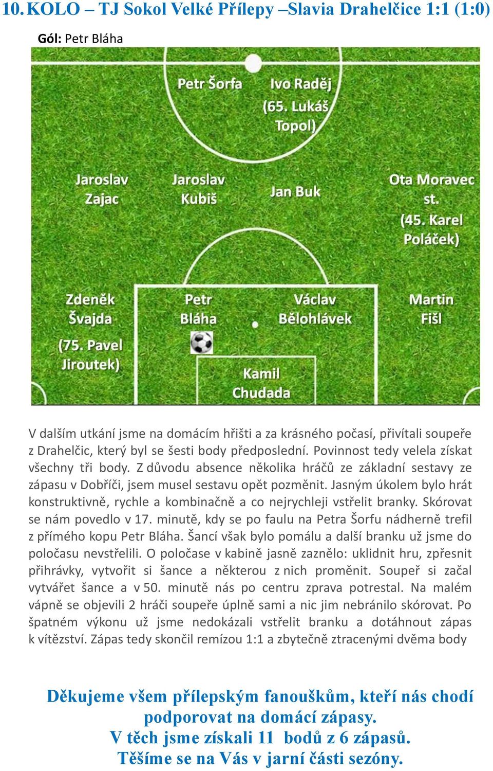 Jasným úkolem bylo hrát konstruktivně, rychle a kombinačně a co nejrychleji vstřelit branky. Skórovat se nám povedlo v 17.