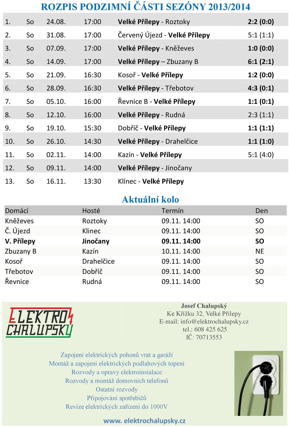 So 05.10. 16:00 Řevnice B - Velké Přílepy 1:1 (0:1) 8. So 12.10. 16:00 Velké Přílepy - Rudná 2:3 (1:1) 9. So 19.10. 15:30 Dobříč - Velké Přílepy 1:1 (1:1) 10. So 26.10. 14:30 Velké Přílepy - Drahelčice 1:1 (1:0) 11.