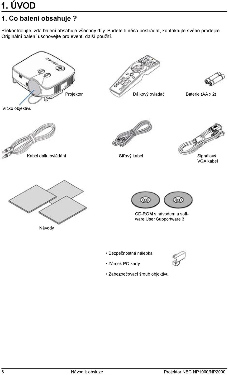 Projektor Dálkový ovladač Baterie (AA x 2) Víčko objektivu Kabel dálk.