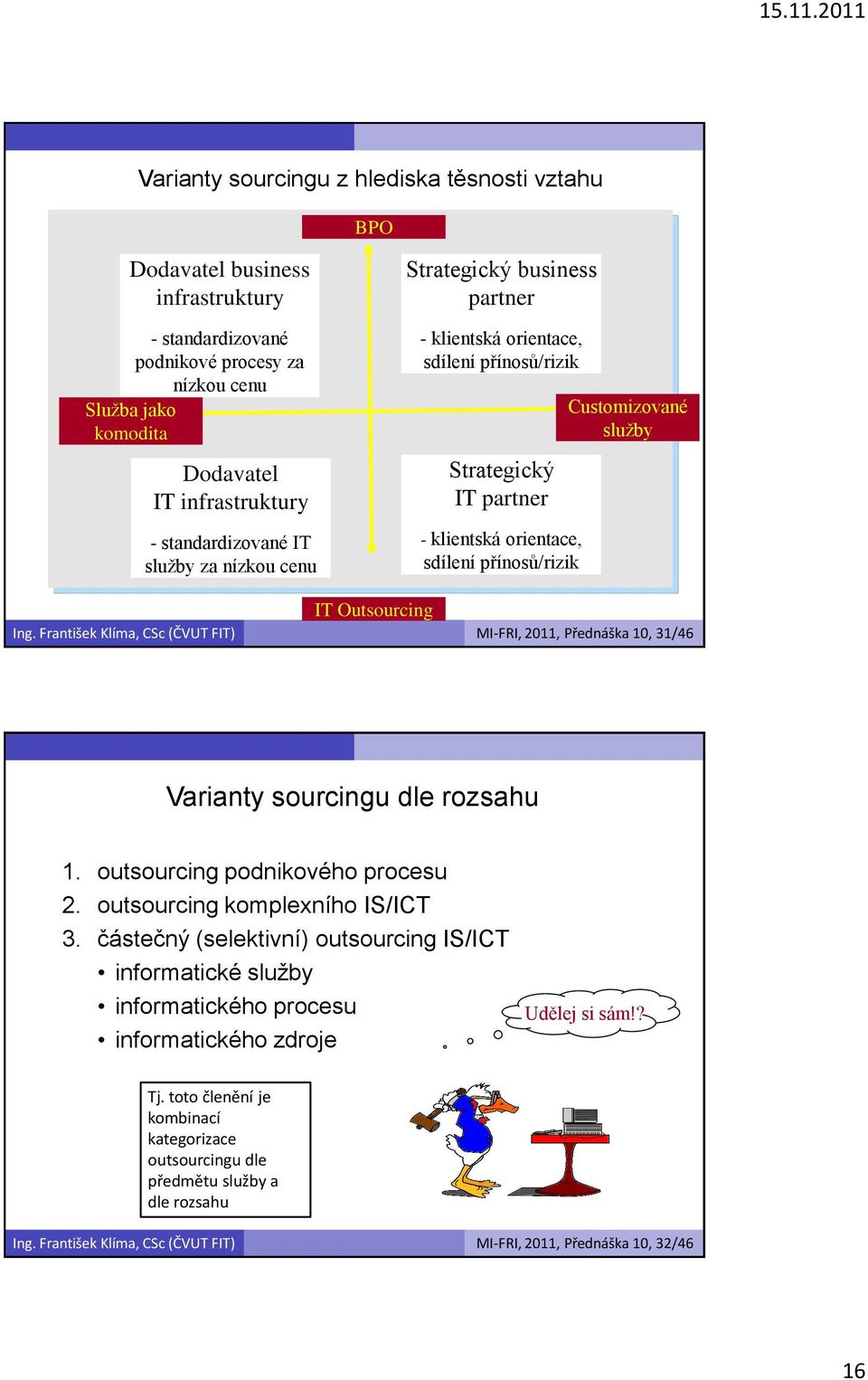služby IT Outsourcing Ing. František Klíma, CSc (ČVUT FIT) MI-FRI, 2011, Přednáška 10, 31/46 Varianty sourcingu dle rozsahu 1. outsourcing podnikového procesu 2. outsourcing komplexního IS/ICT 3.