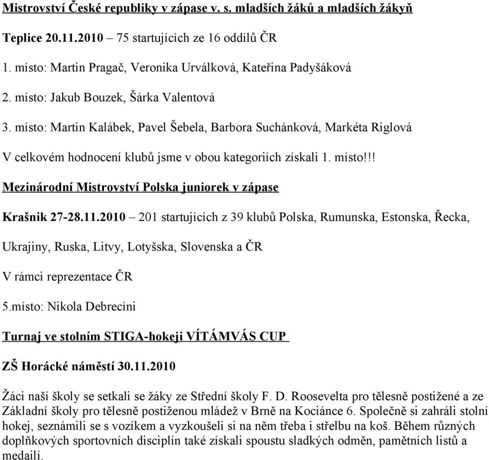 11.2010 201 startujících z 39 klubů Polska, Rumunska, Estonska, Řecka, Ukrajiny, Ruska, Litvy, Lotyšska, Slovenska a ČR V rámci reprezentace ČR 5.