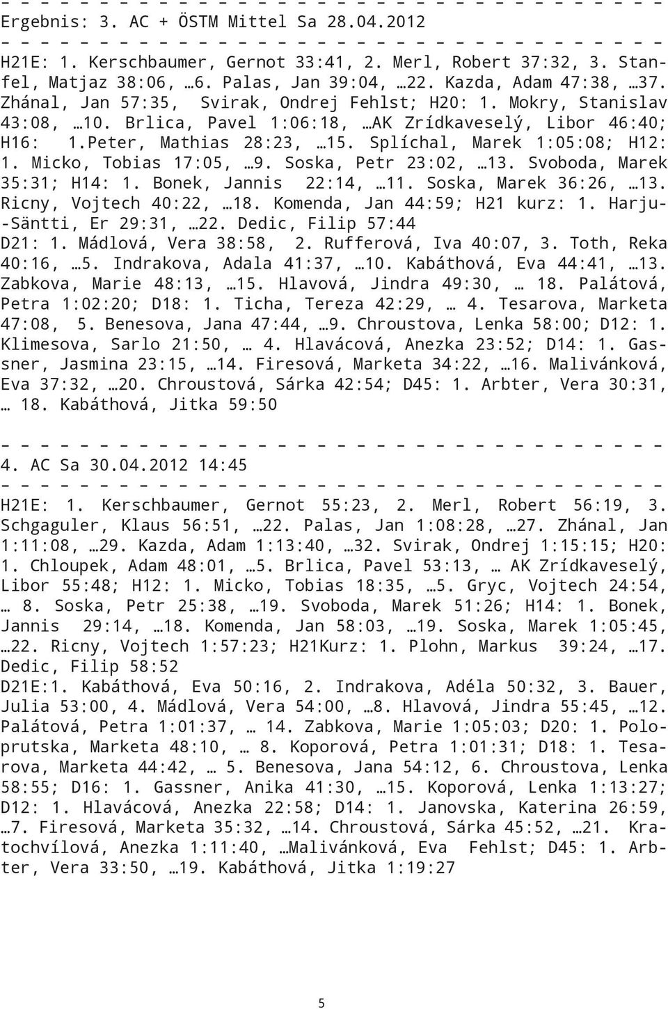 Micko, Tobias 17:05, 9. Soska, Petr 23:02, 13. Svoboda, Marek 35:31; H14: 1. Bonek, Jannis 22:14, 11. Soska, Marek 36:26, 13. Ricny, Vojtech 40:22, 18. Komenda, Jan 44:59; H21 kurz: 1.