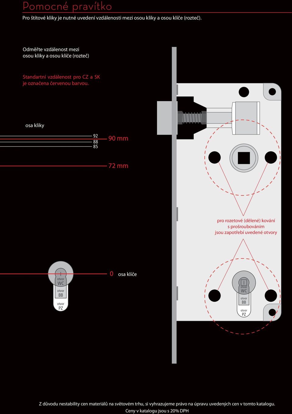 osa kliky 92 88 85 90 mm 72 mm pro rozetové (dělené) kování s prošroubováním jsou zapotřebí uvedené otvory otvor WC otvor BB otvor PZ 0