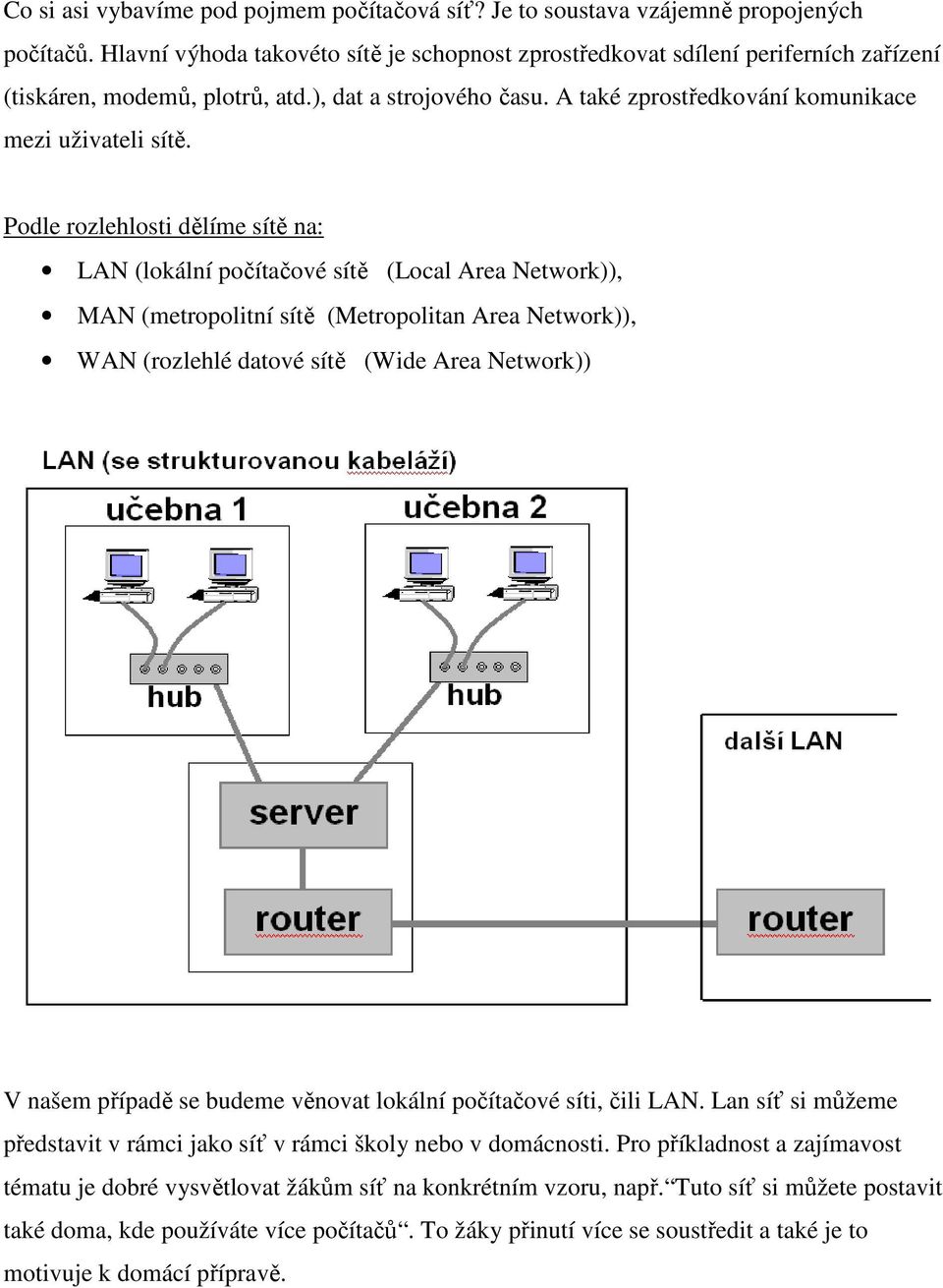 Podle rozlehlosti dělíme sítě na: LAN (lokální počítačové sítě (Local Area Network)), MAN (metropolitní sítě (Metropolitan Area Network)), WAN (rozlehlé datové sítě (Wide Area Network)) V našem