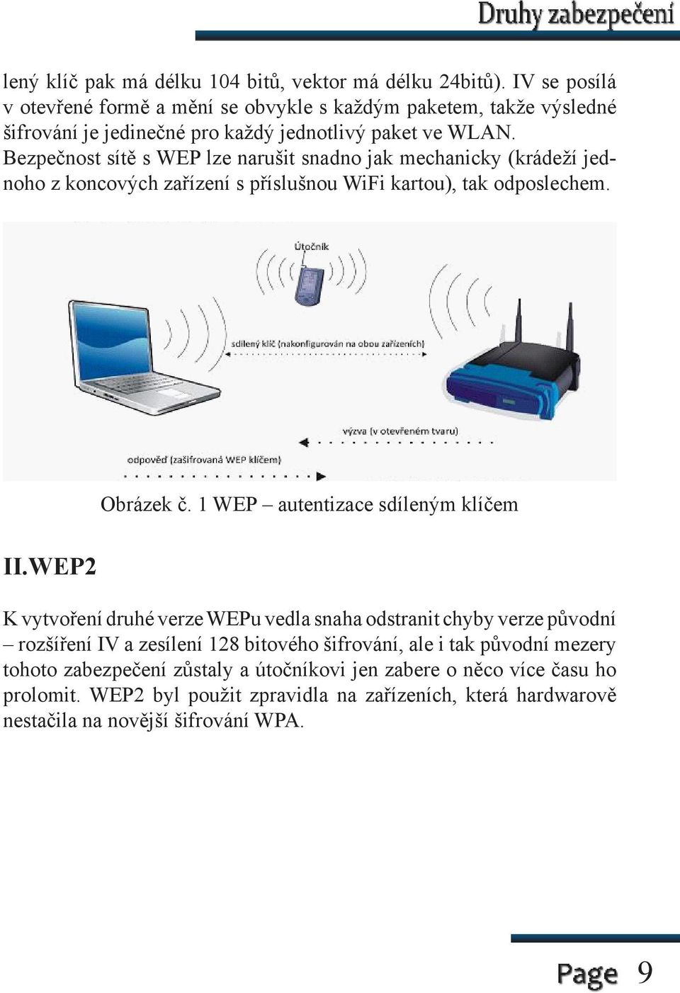 Bezpečnost sítě s WEP lze narušit snadno jak mechanicky (krádeží jednoho z koncových zařízení s příslušnou WiFi kartou), tak odposlechem. Obrázek č.