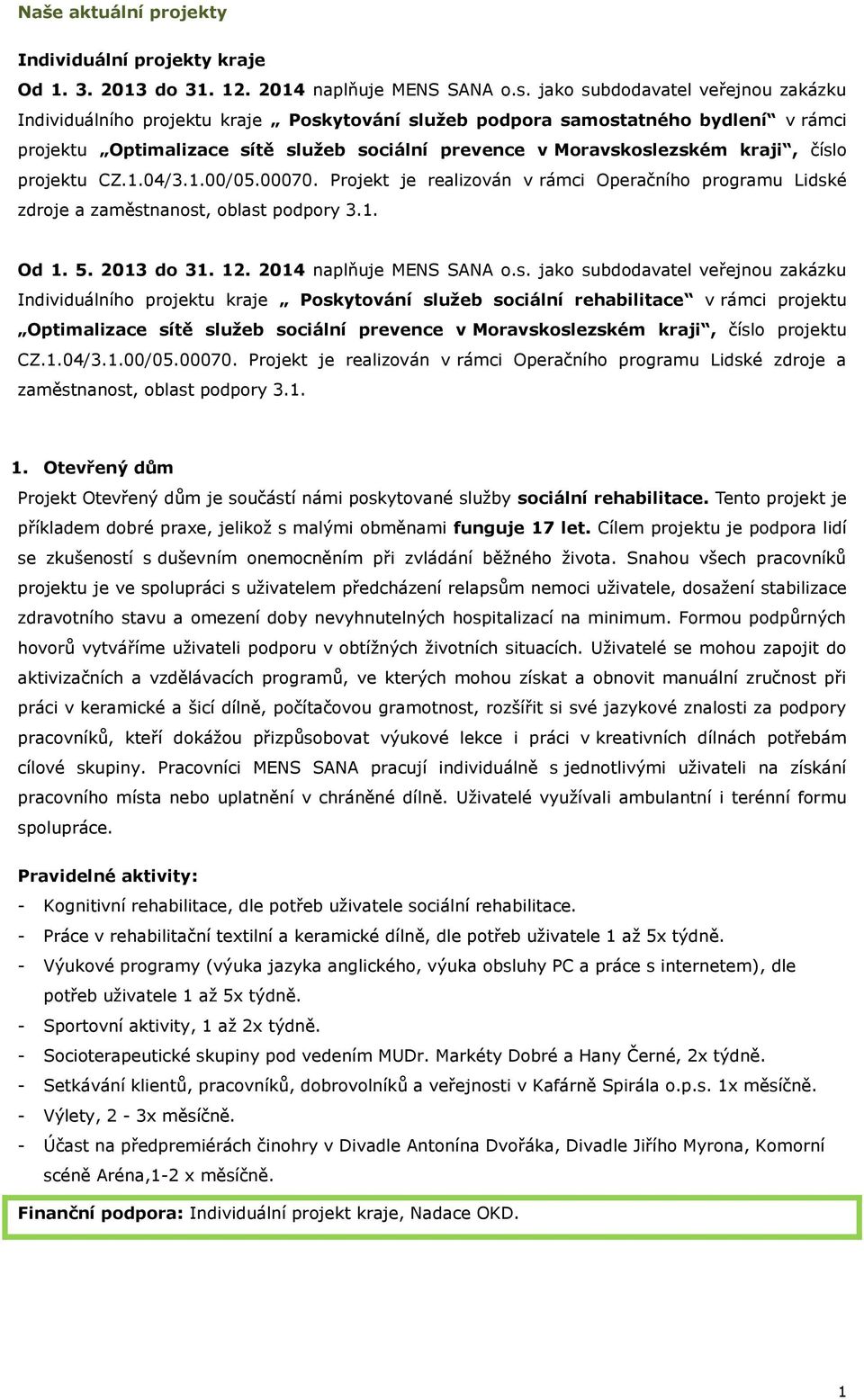 číslo projektu CZ.1.04/3.1.00/05.00070. Projekt je realizován v rámci Operačního programu Lidské zdroje a zaměstnanost, oblast podpory 3.1. Od 1. 5. 2013 do 31. 12. 2014 naplňuje MENS SANA o.s. jako