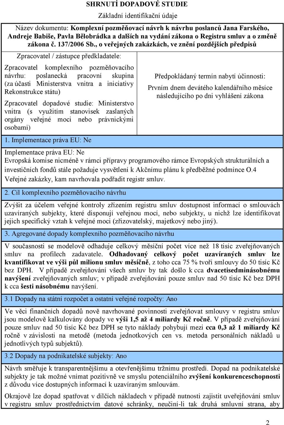 , o veřejných zakázkách, ve znění pozdějších předpisů Zpracovatel / zástupce předkladatele: Zpracovatel komplexního pozměňovacího návrhu: poslanecká pracovní skupina (za účasti Ministerstva vnitra a