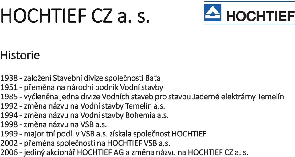 divize Vodních staveb pro stavbu Jaderné elektrárny Temelín 1992 - změna názvu na Vodní stavby Temelín a.s. 1994 - změna názvu na Vodní stavby Bohemia a.