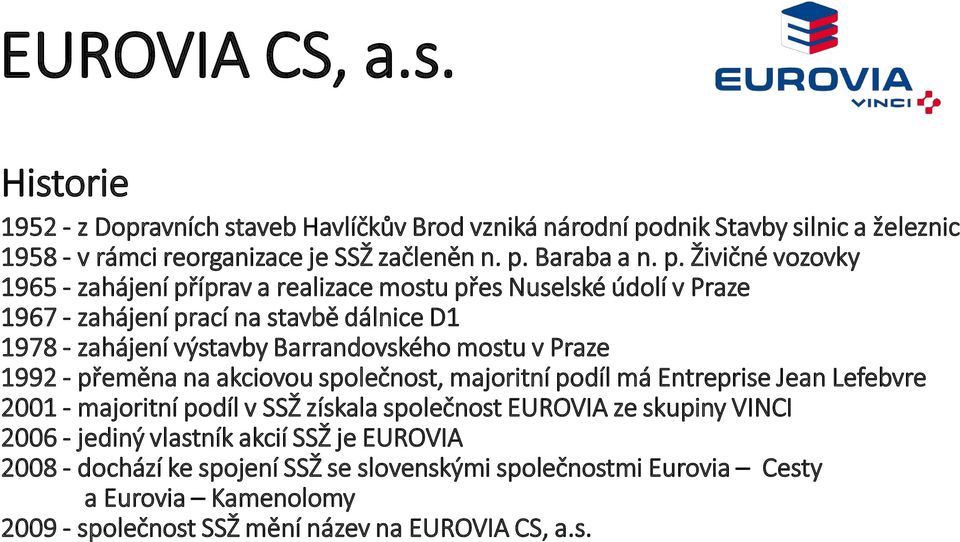 mostu v Praze 1992 - přeměna na akciovou společnost, majoritní podíl má Entreprise Jean Lefebvre 2001 - majoritní podíl v SSŽ získala společnost EUROVIA ze skupiny VINCI 2006 -