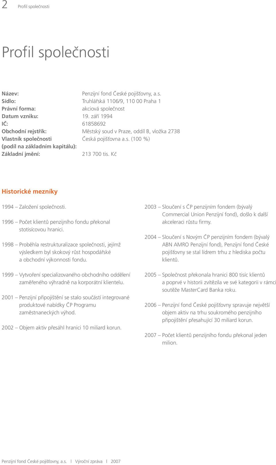 Kč Historické mezníky 1994 Založení společnosti. 1996 Počet klientů penzijního fondu překonal stotisícovou hranici.