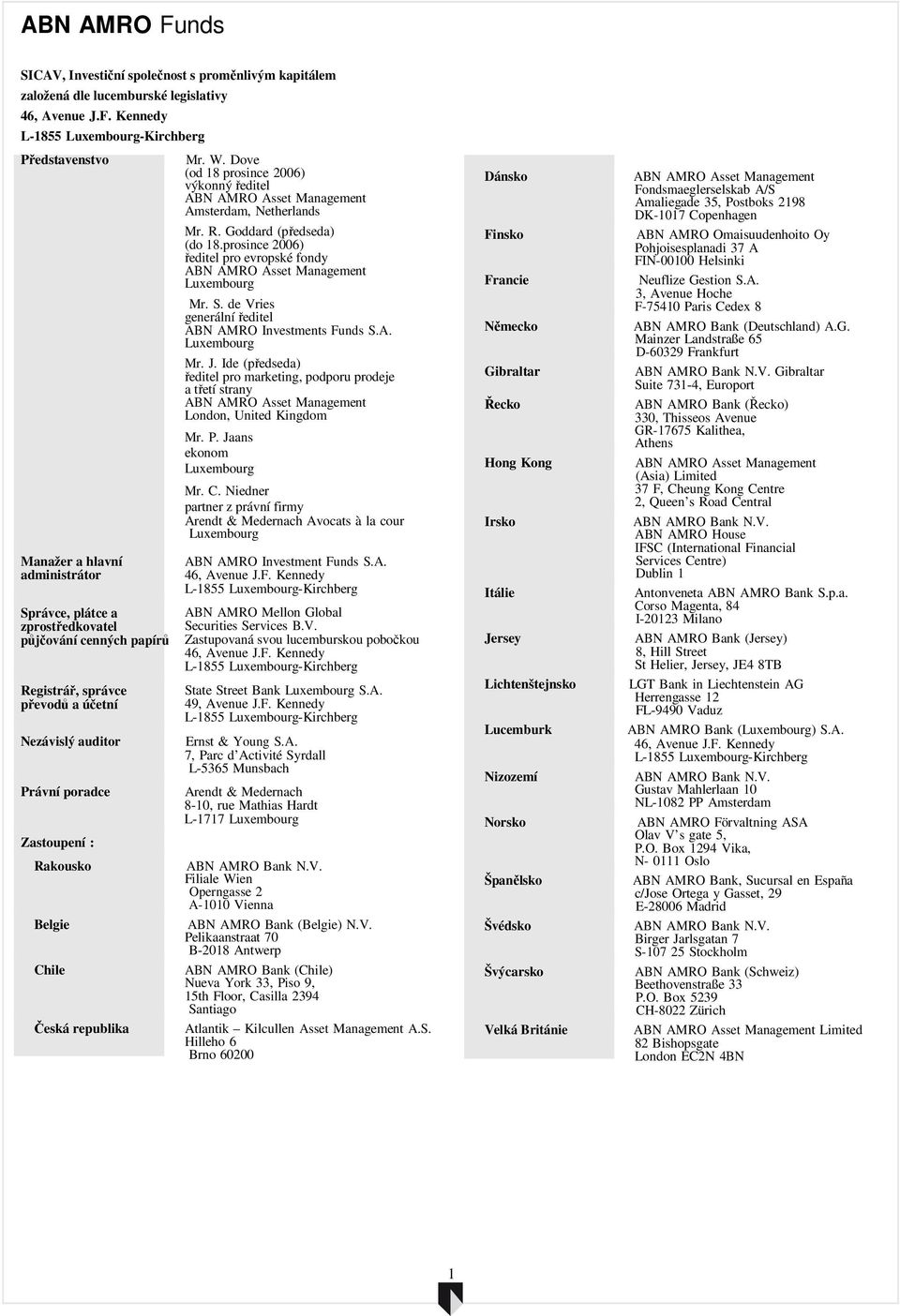 Kennedy L-1855 Luxembourg-Kirchberg Představenstvo Mažer a hlavní administrátor Správce, plátce a zprostředkovatel půjčování cenných papírů Registrář, správce převodů a účetní Nezávislý auditor