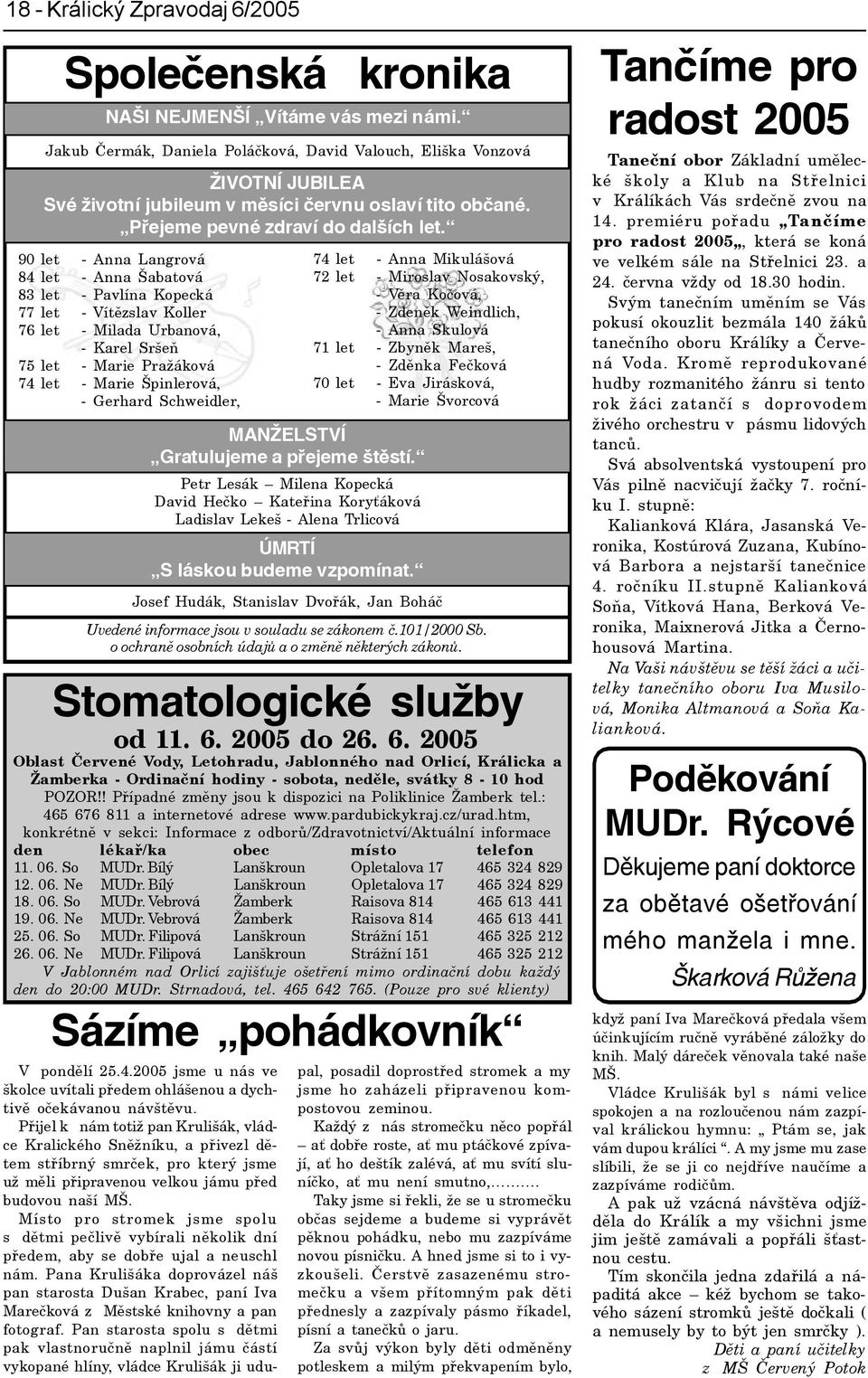 90 let - Anna Langrová 84 let - Anna Šabatová 83 let - Pavlína Kopecká 77 let - Vítìzslav Koller 76 let - Milada Urbanová, - Karel Sršeò 75 let - Marie Pražáková 74 let - Marie Špinlerová, - Gerhard