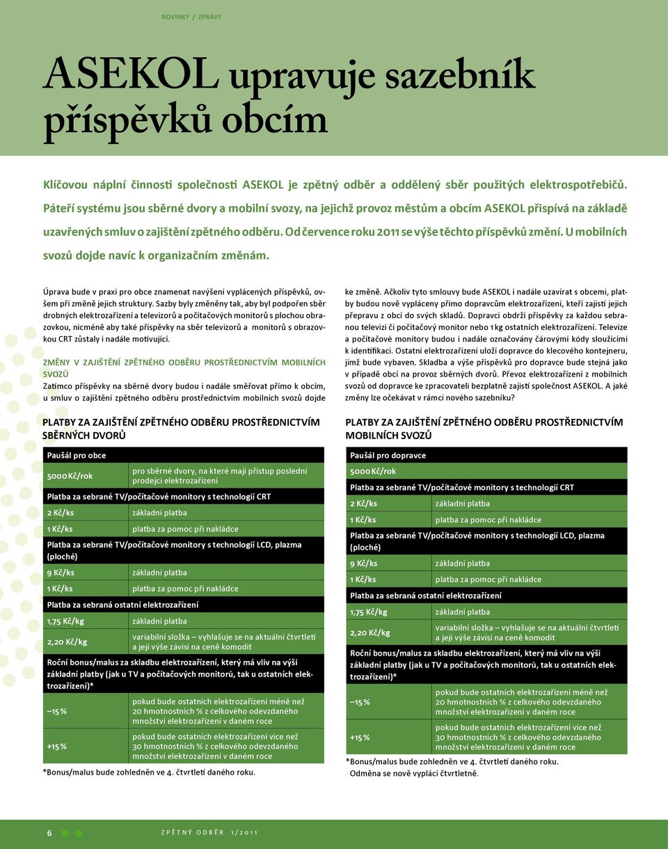 Od července roku 2011 se výše těchto příspěvků změní. U mobilních svozů dojde navíc k organizačním změnám.