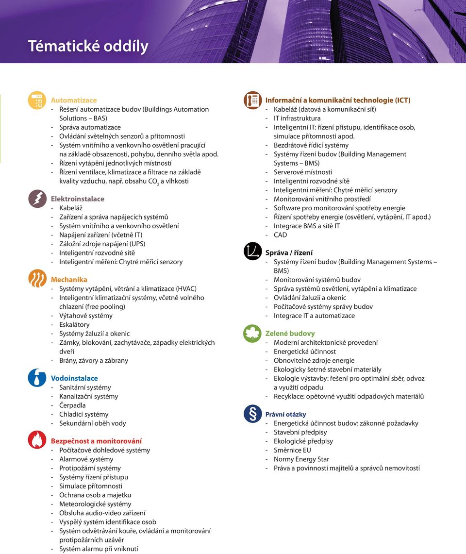 obsahu CO 2 a vlhkosti Elektroinstalace - Kabeláž - Zařízení a správa napájecích systémů - Systém vnitřního a venkovního osvětlení - Napájení zařízení (včetně IT) - Záložní zdroje napájení (UPS) -