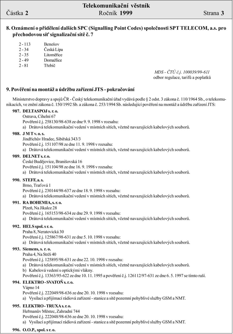 Povìøení na montáž a údržbu zaøízení JTS - pokraèování Ministerstvo dopravy a spojù ÈR - Èeský telekomunikaèní úøad vydává podle 2 odst. 3 zákona è. 110/1964 Sb.