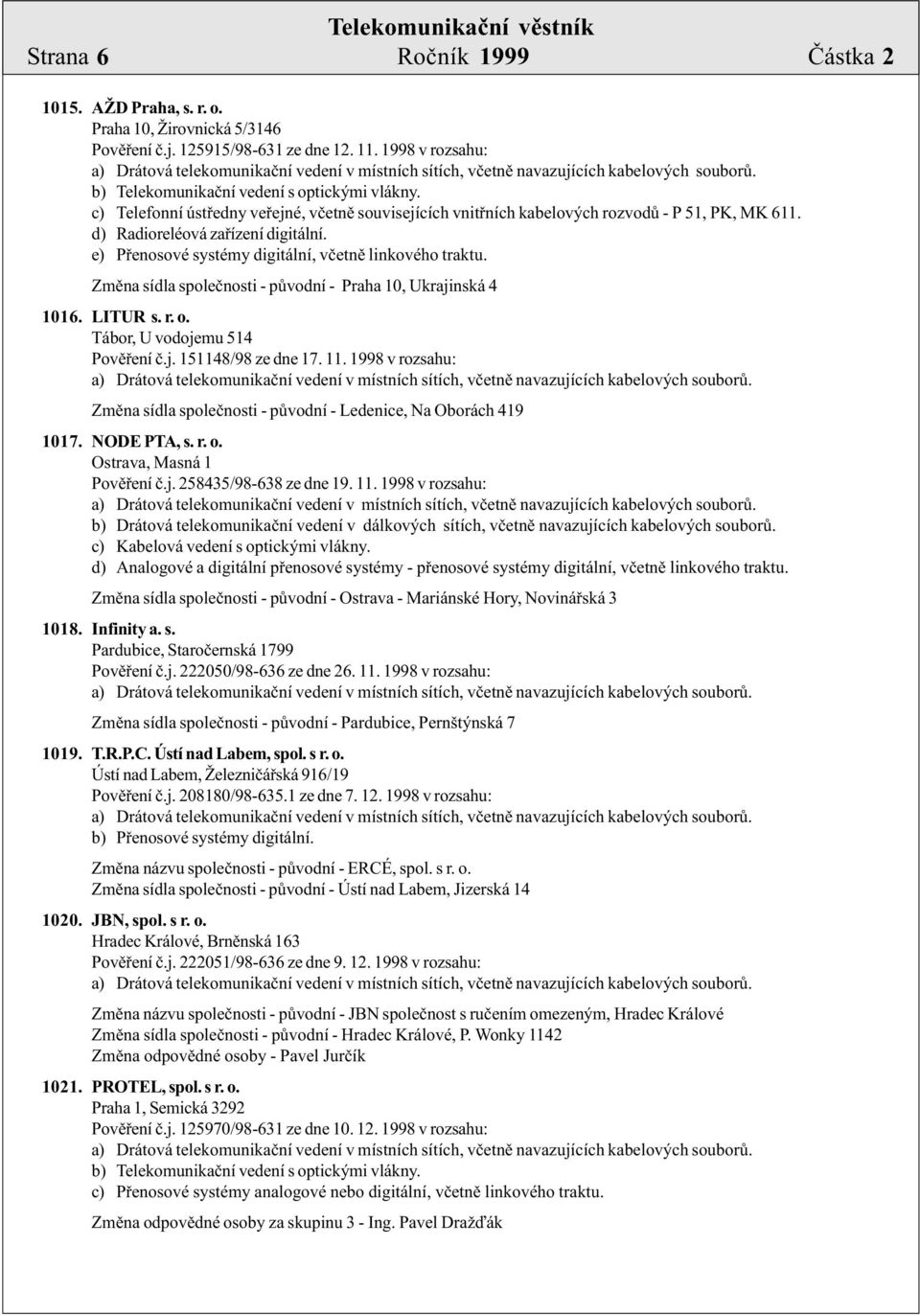 Zmìna sídla spoleènosti - pùvodní - Praha 10, Ukrajinská 4 1016. LITUR s. r. o. Tábor, U vodojemu 514 Povìøení è.j. 151148/98 ze dne 17. 11.