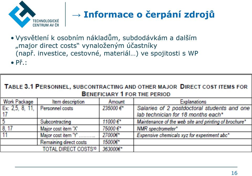 direct costs vynaloženým účastníky (např.