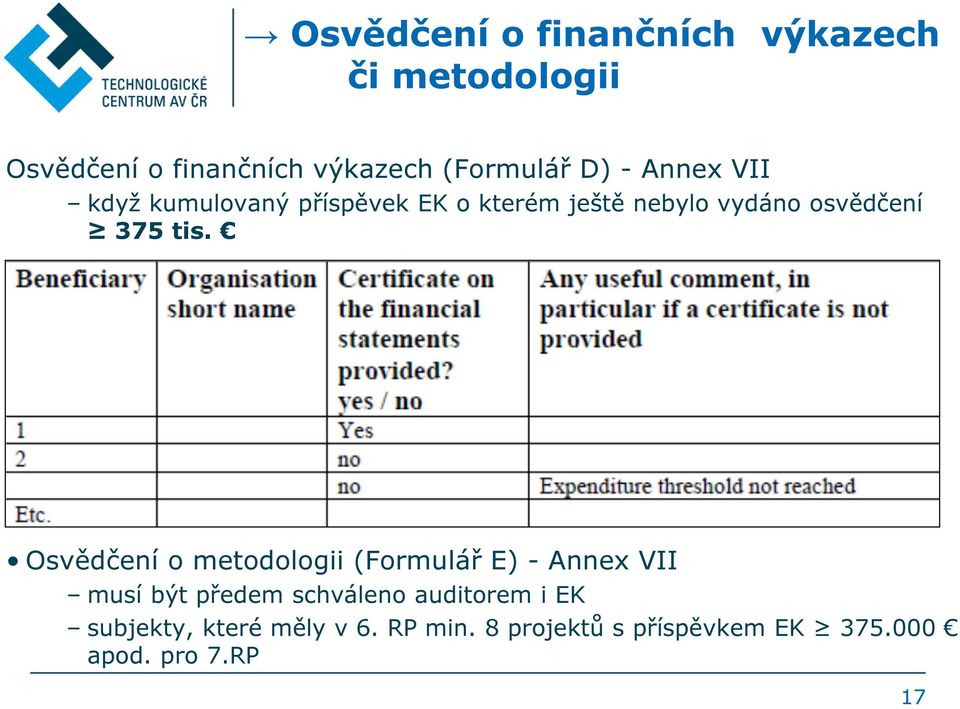 tis. Osvědčení o metodologii (Formulář E) - Annex VII musí být předem schváleno auditorem