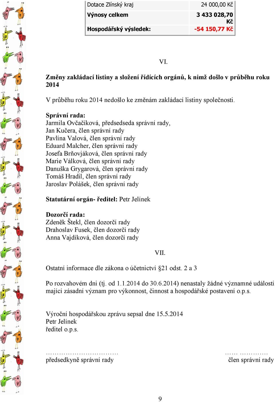 Správní rada: Jarmila Ovčačíková, předsedseda správní rady, Jan Kučera, člen správní rady Pavlína Valová, člen správní rady Eduard Malcher, člen správní rady Josefa Brňovjáková, člen správní rady