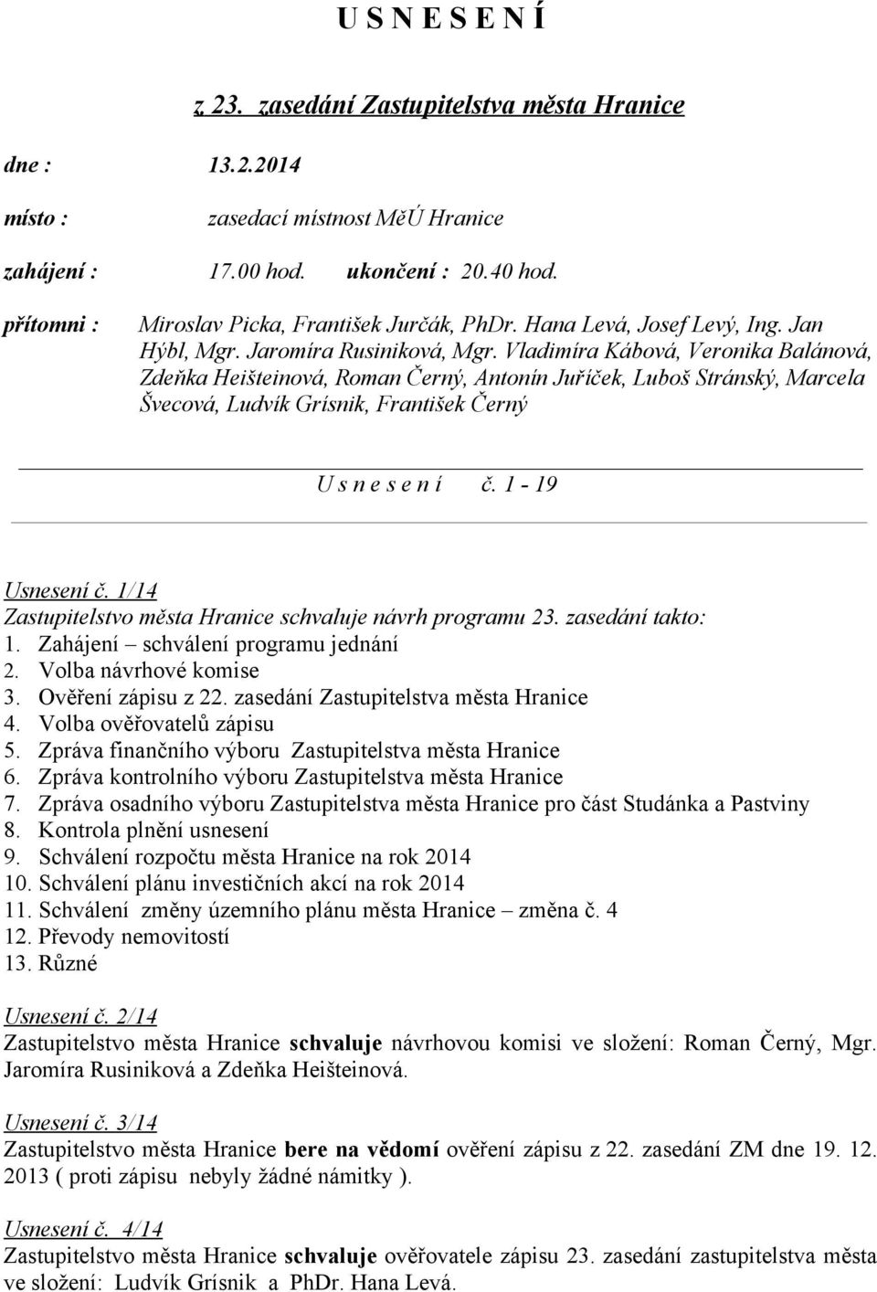 Vladimíra Kábová, Veronika Balánová, Zdeňka Heišteinová, Roman Černý, Antonín Juříček, Luboš Stránský, Marcela Švecová, Ludvík Grísnik, František Černý U s n e s e n í č. 1-19 Usnesení č.