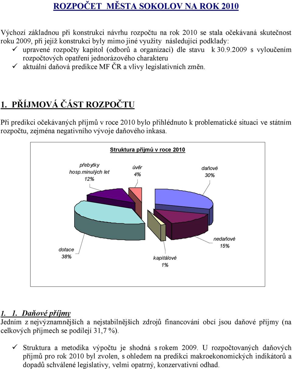 1. PŘÍJMOVÁ ČÁST ROZPOČTU Při predikci očekávaných příjmů v roce 2010 bylo přihlédnuto k problematické situaci ve státním rozpočtu, zejména negativního vývoje daňového inkasa.