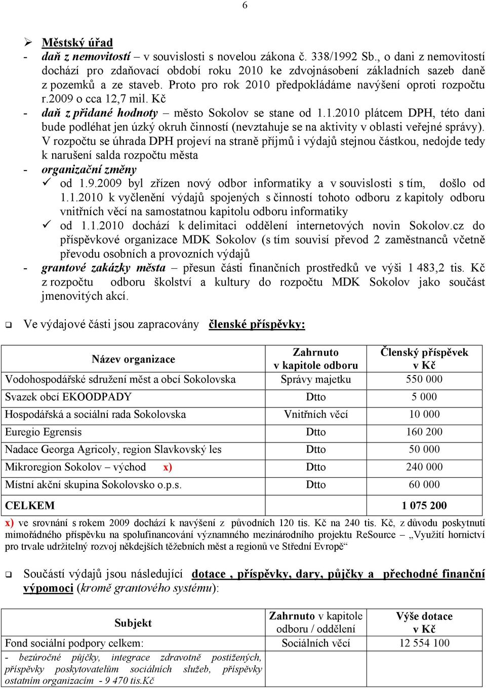 2009 o cca 12,7 mil. Kč - daň z přidané hodnoty město Sokolov se stane od 1.1.2010 plátcem DPH, této dani bude podléhat jen úzký okruh činností (nevztahuje se na aktivity v oblasti veřejné správy).