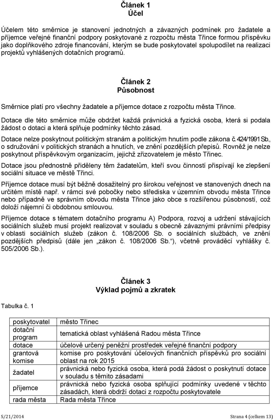 Článek 2 Působnost Směrnice platí pro všechny žadatele a příjemce dotace z rozpočtu města Třince.