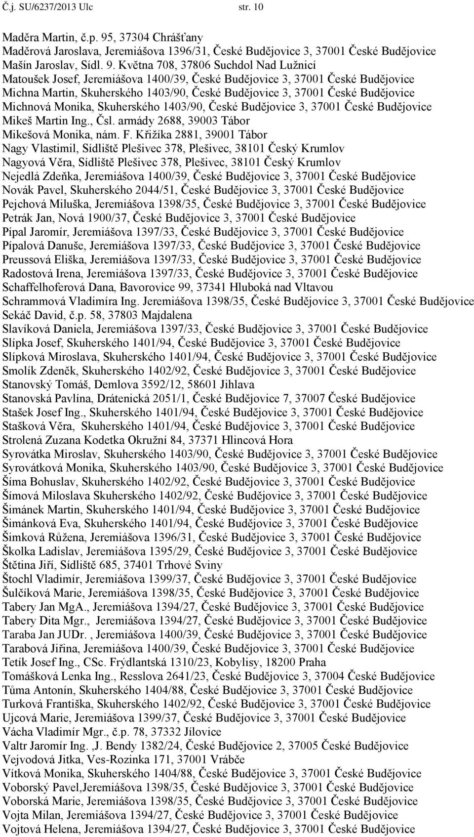 Května 708, 37806 Suchdol Nad Lužnicí Matoušek Josef, Jeremiášova 1400/39, České Budějovice 3, 37001 České Budějovice Michna Martin, Skuherského 1403/90, České Budějovice 3, 37001 České Budějovice