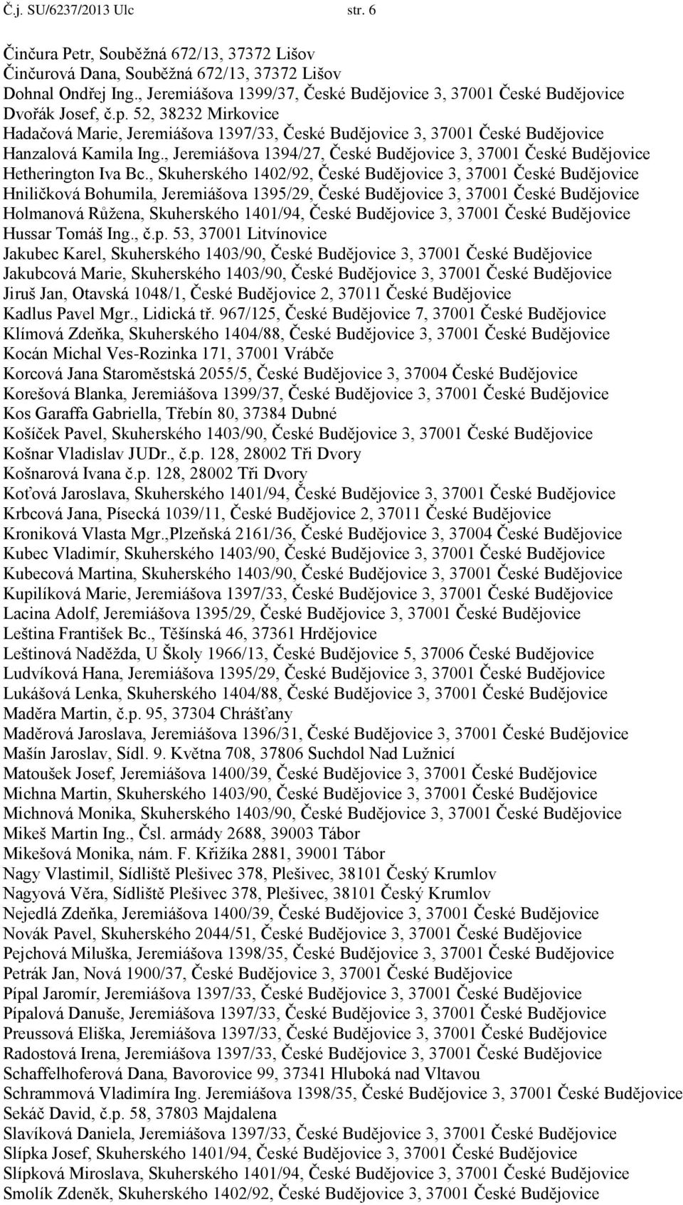 52, 38232 Mirkovice Hadačová Marie, Jeremiášova 1397/33, České Budějovice 3, 37001 České Budějovice Hanzalová Kamila Ing.