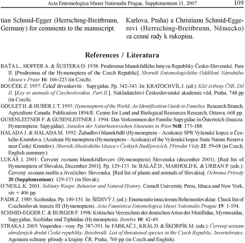 1938: Prodromus blanokřídlého hmyzu Republiky Česko-Slovenské. Pars II. [Prodromus of the Hymenoptera of the Czech Republic].